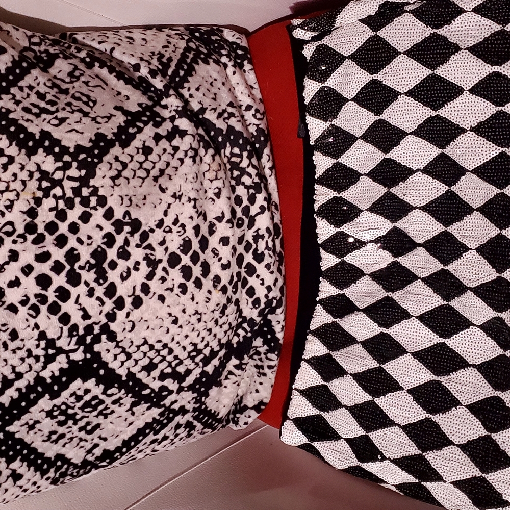 Black and White Patterned Skirt with Red Waistband